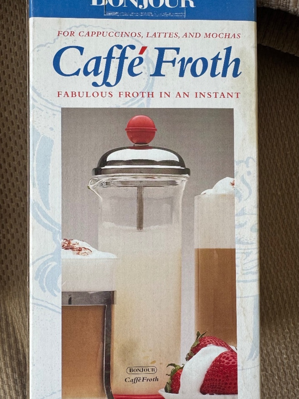 Bonjour Caffé Froth Milk Frother Yellow Chrome Manual Cappuccino Latte w/ Box